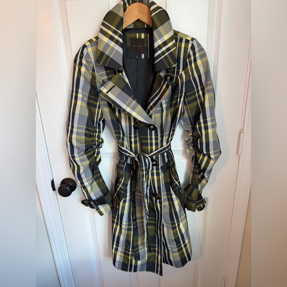 The Limited Spring Belted Plaid Trench Coat Buttons Mid-Thigh Length, Small - Picture 2 of 12